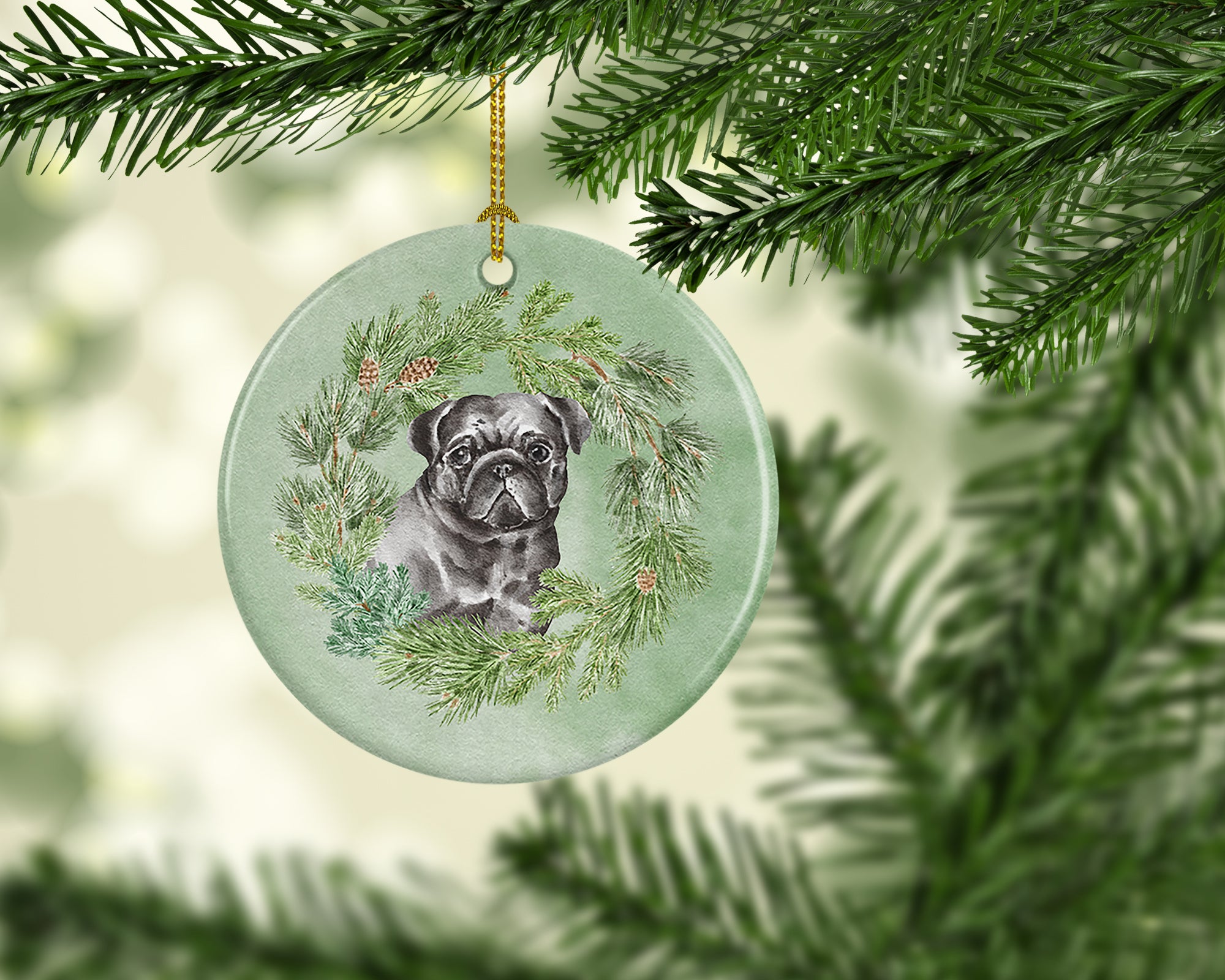 Pug Black Christmas Wreath Ceramic Ornament - the-store.com