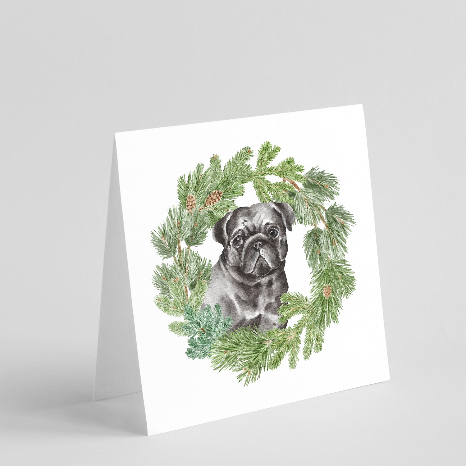Buy this Pug Black with Christmas Wreath Square Greeting Cards and Envelopes Pack of 8