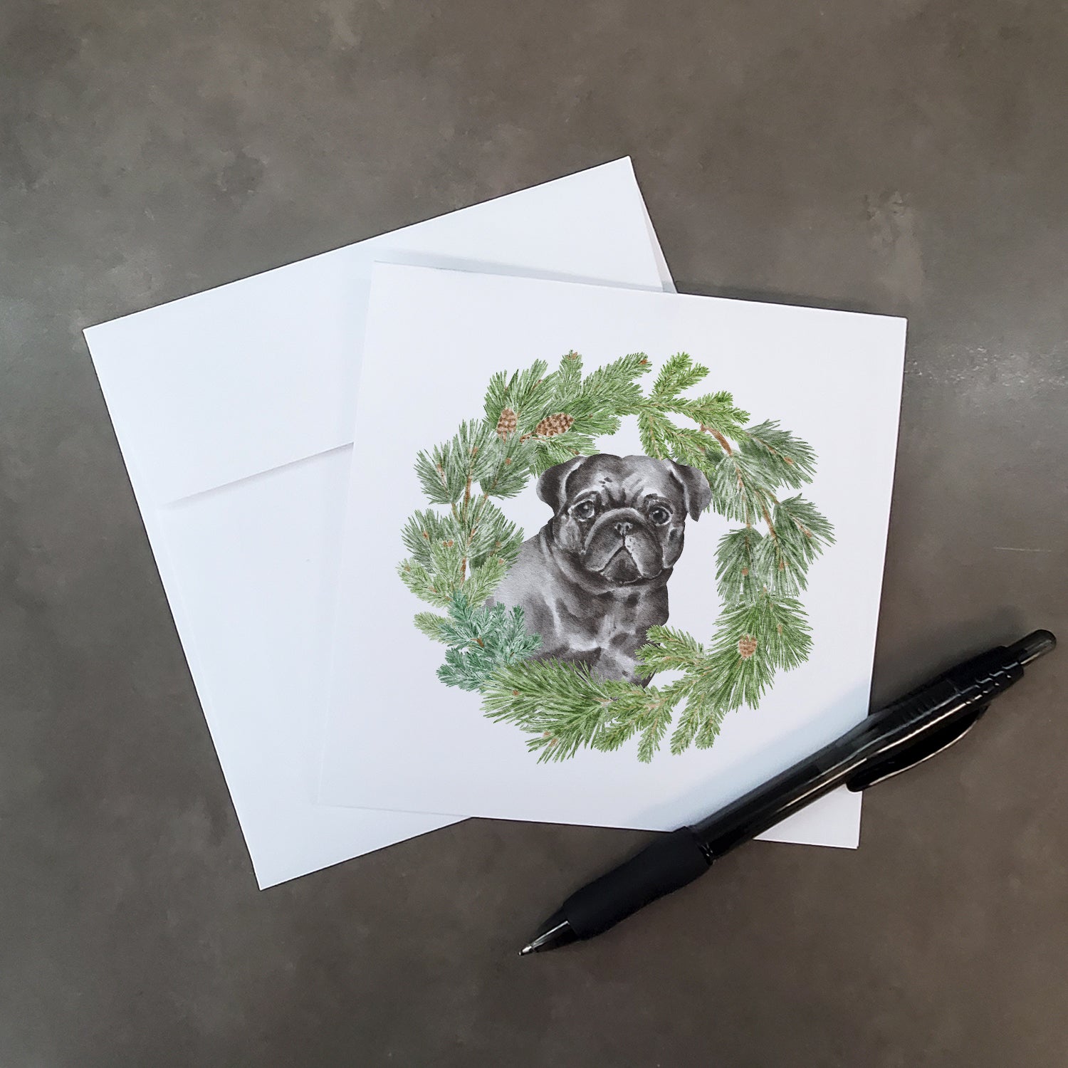 Buy this Pug Black with Christmas Wreath Square Greeting Cards and Envelopes Pack of 8