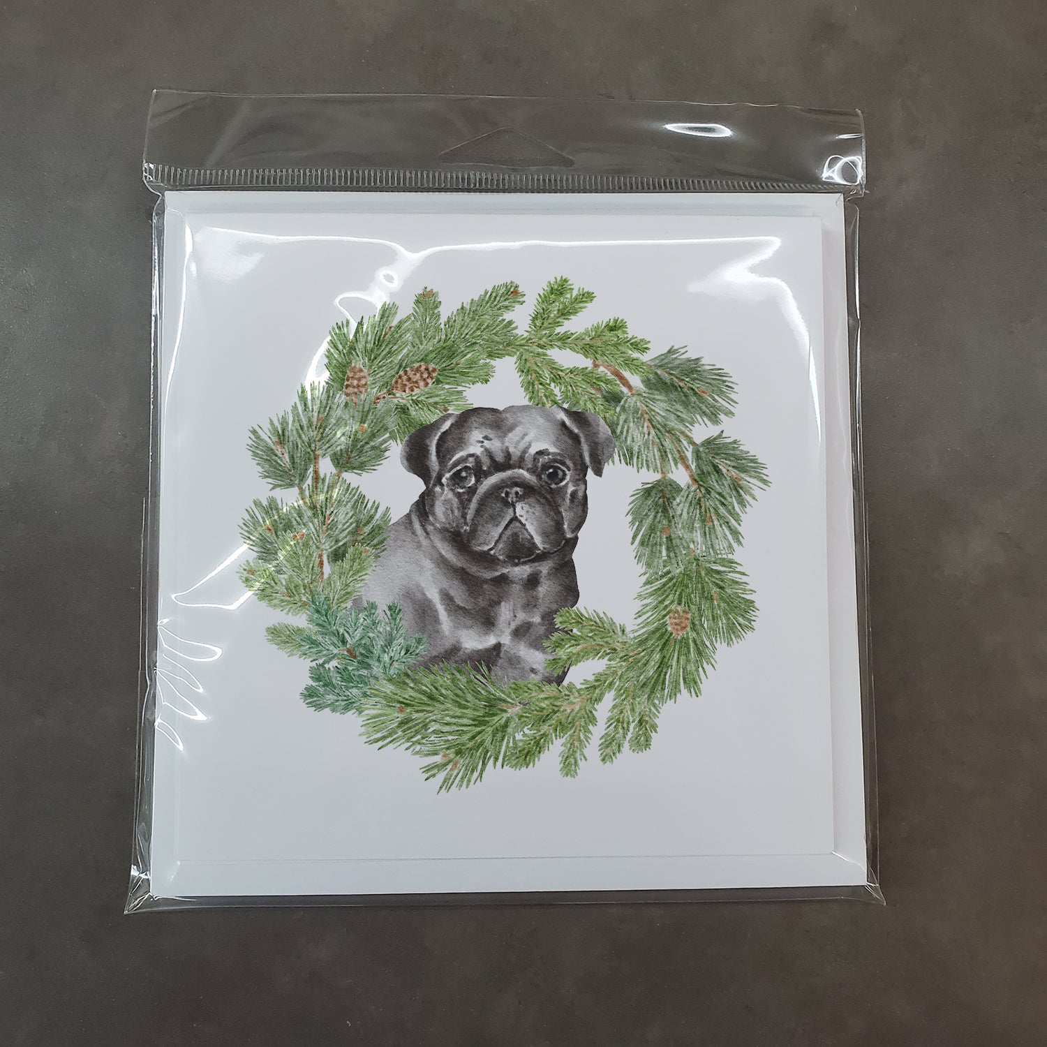 Pug Black with Christmas Wreath Square Greeting Cards and Envelopes Pack of 8 - the-store.com