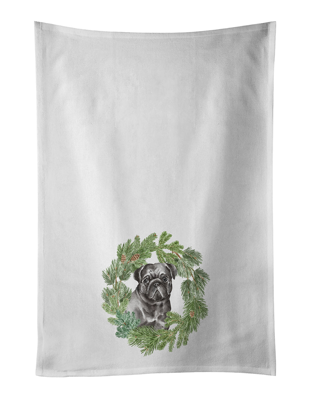 Buy this Pug Black Christmas Wreath White Kitchen Towel Set of 2
