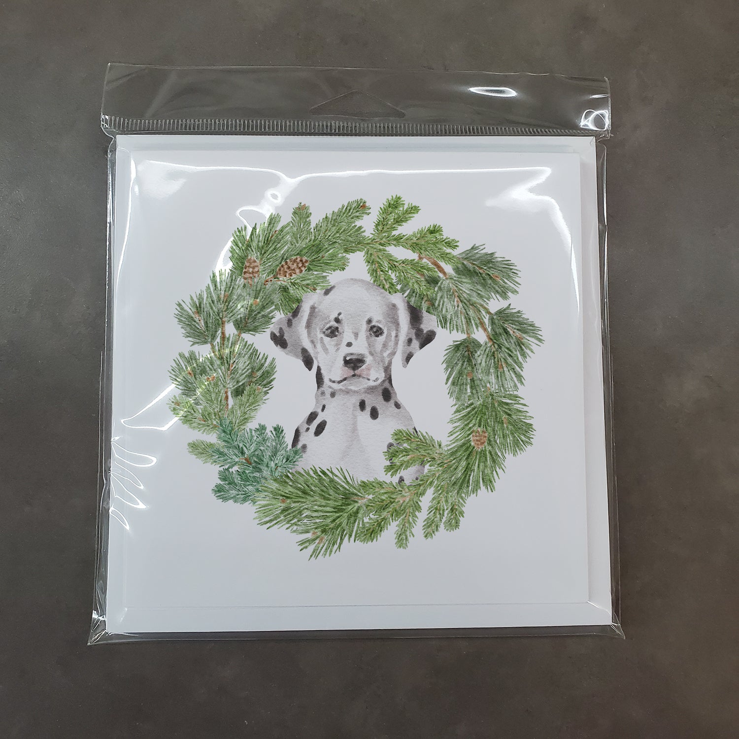 Dalmatian Puppy Sitting Pretty with Christmas Wreath Square Greeting Cards and Envelopes Pack of 8 - the-store.com