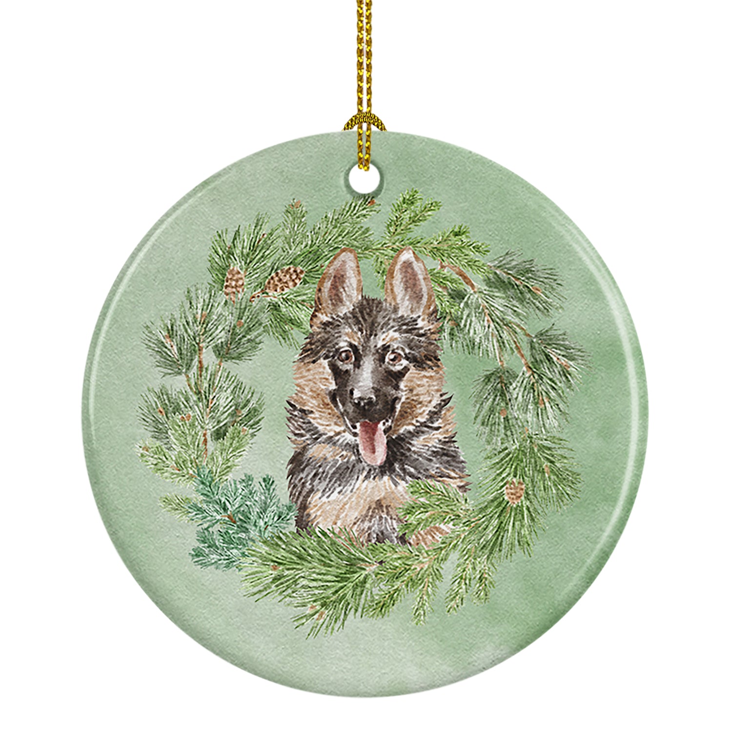 Buy this German Shepherd Puppy Smiling Christmas Wreath Ceramic Ornament