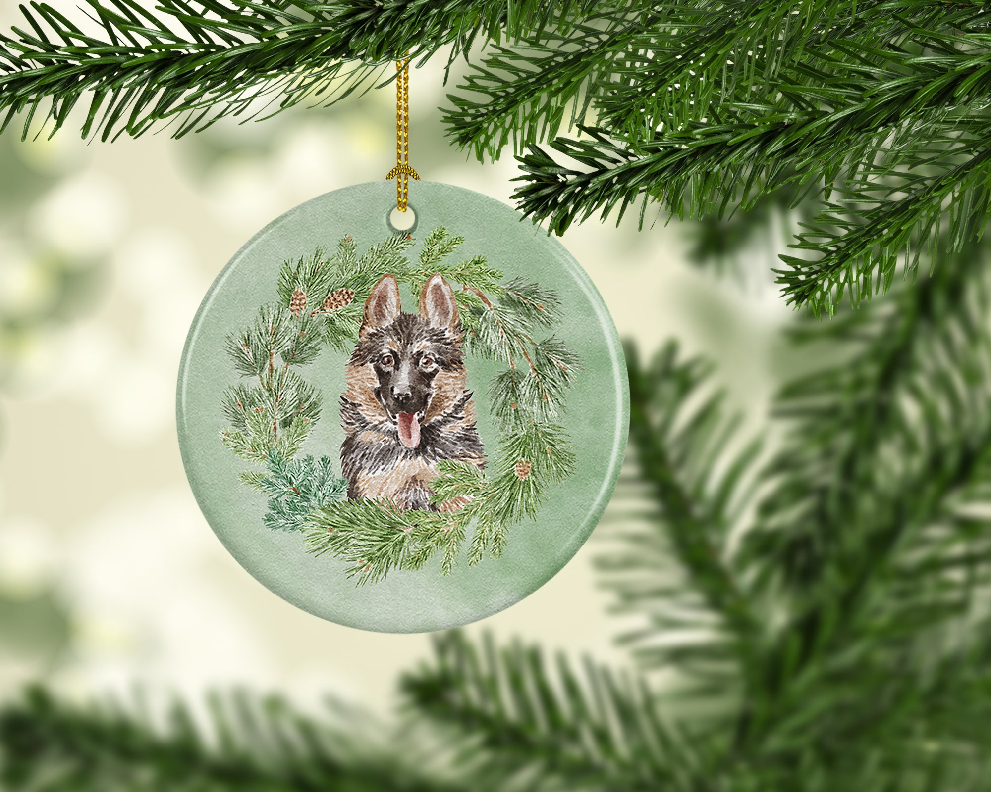 German Shepherd Puppy Smiling Christmas Wreath Ceramic Ornament - the-store.com