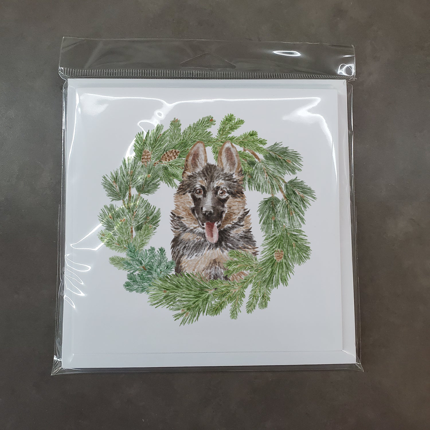 German Shepherd Puppy Smiling with Christmas Wreath Square Greeting Cards and Envelopes Pack of 8 - the-store.com