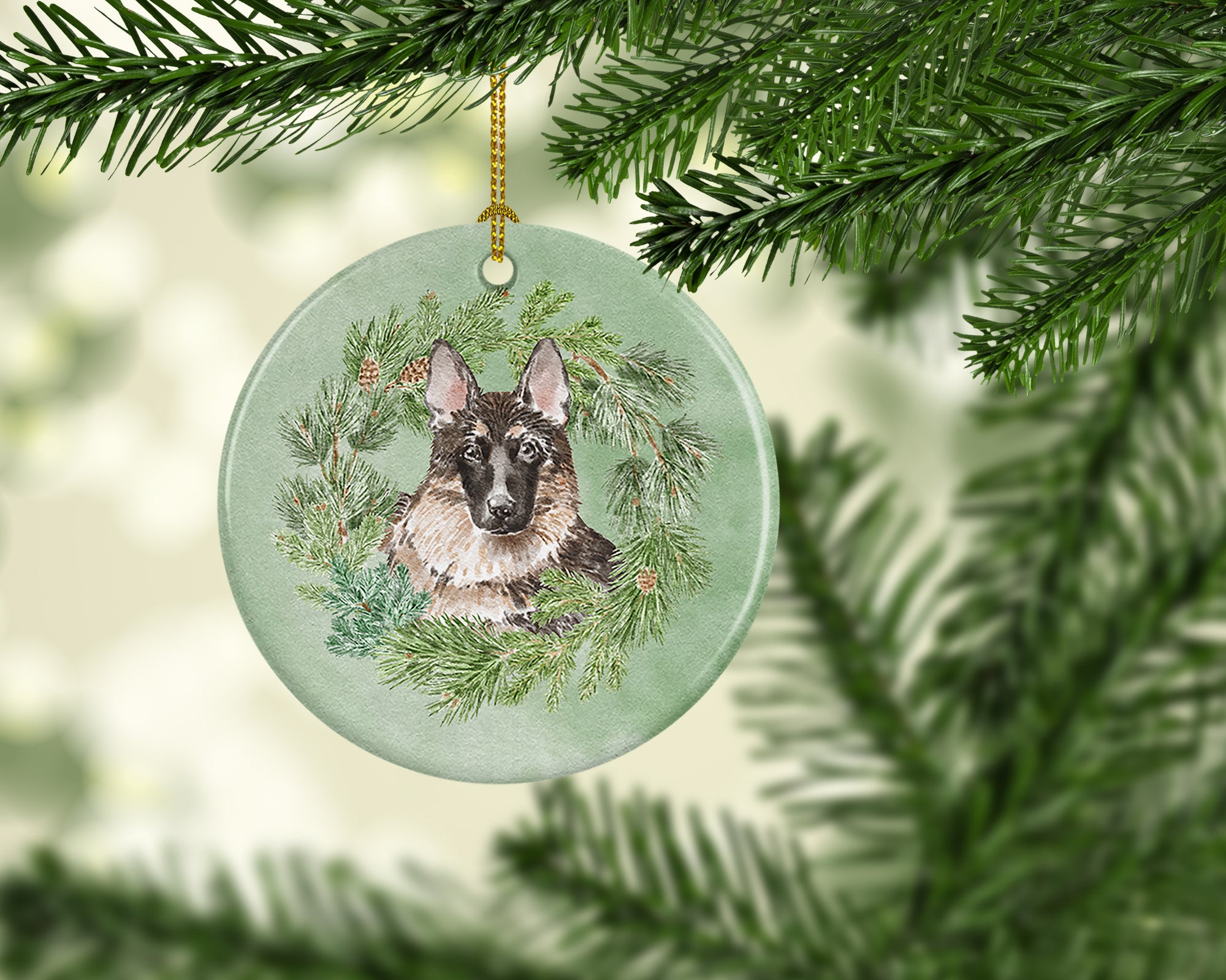 German Shepherd Christmas Wreath Ceramic Ornament - the-store.com