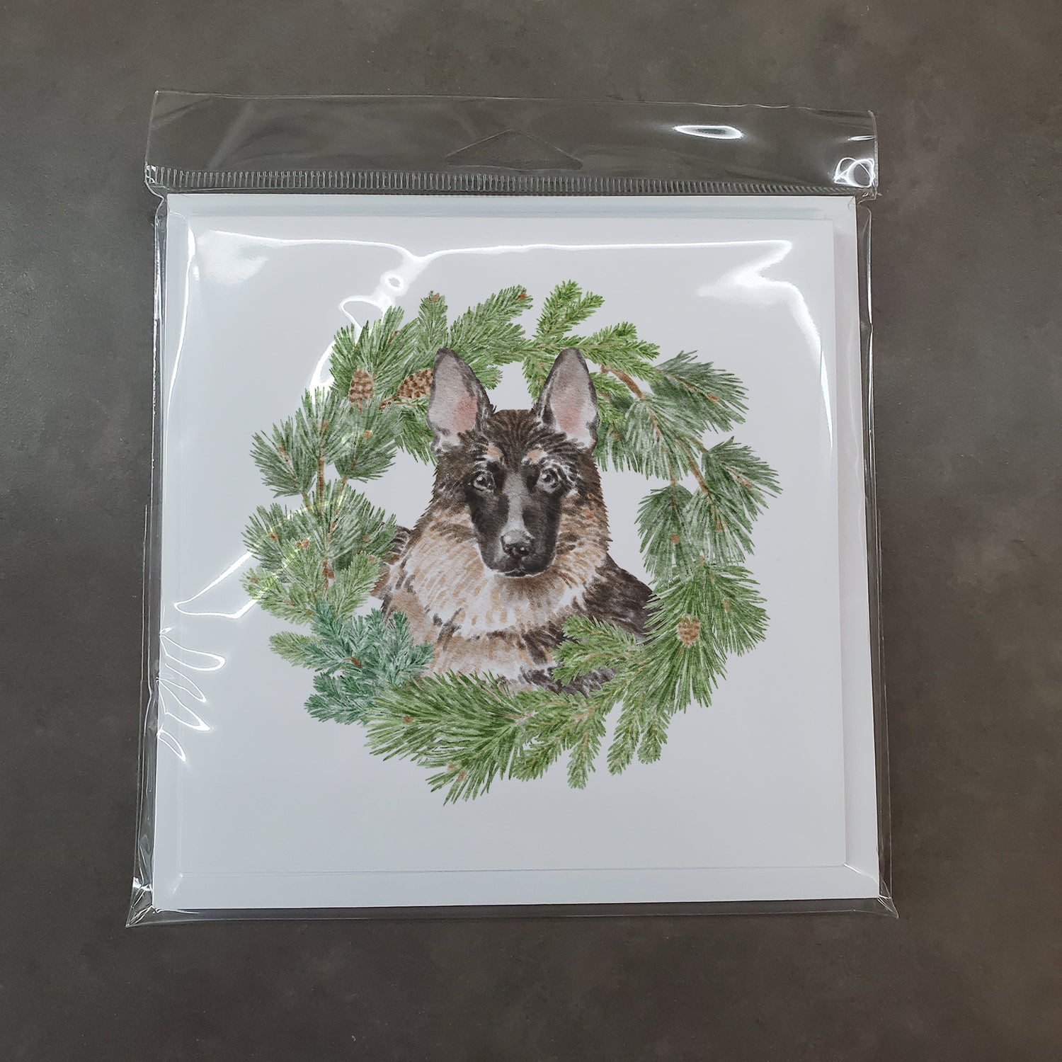 German Shepherd with Christmas Wreath Square Greeting Cards and Envelopes Pack of 8 - the-store.com