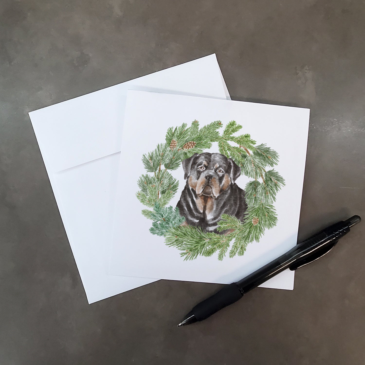 Rottweiler with Christmas Wreath Square Greeting Cards and Envelopes Pack of 8 - the-store.com