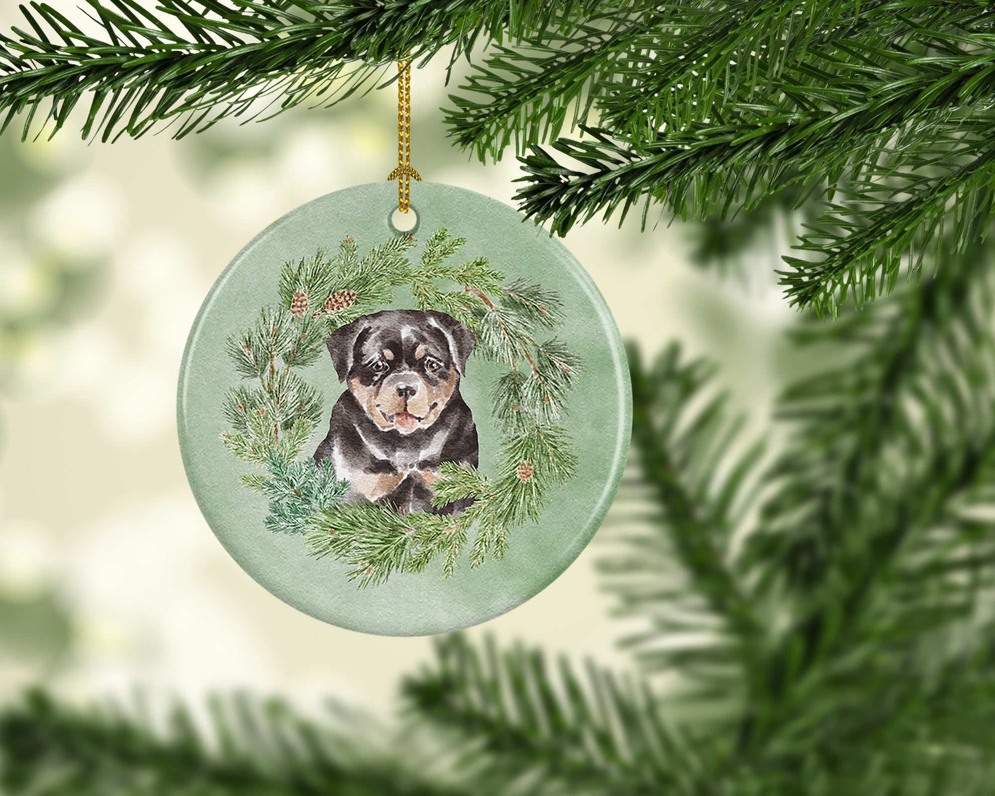 Rottweiler Puppy Christmas Wreath Ceramic Ornament - the-store.com