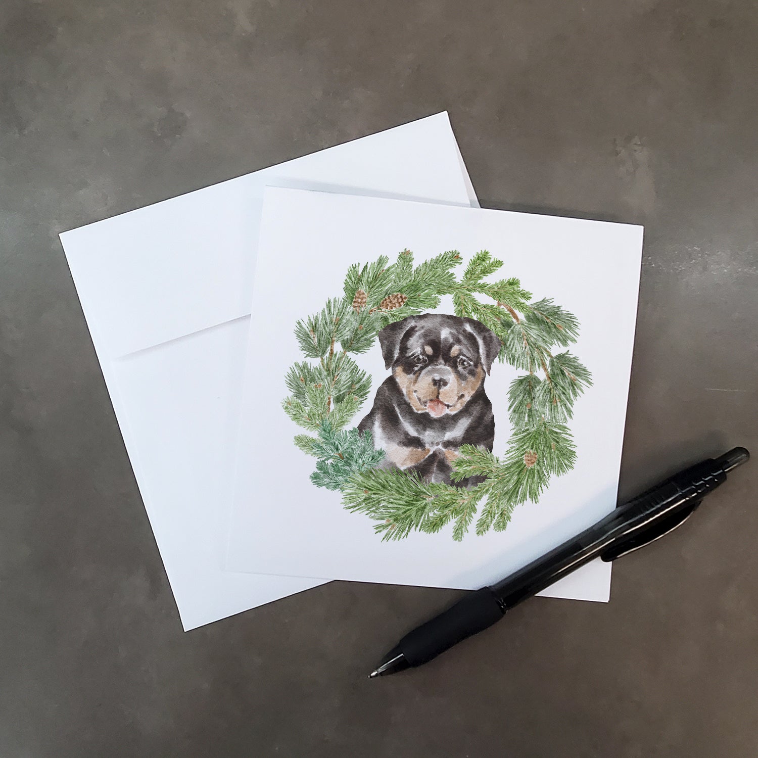 Rottweiler Puppy with Christmas Wreath Square Greeting Cards and Envelopes Pack of 8 - the-store.com