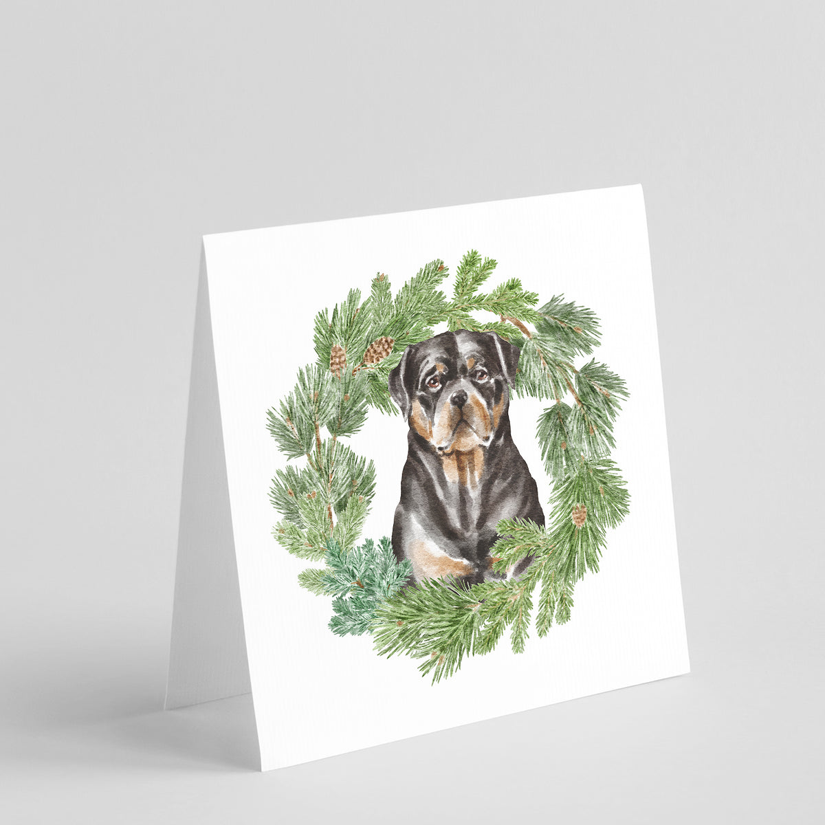 Buy this Rottweiler Sitting Tall with Christmas Wreath Square Greeting Cards and Envelopes Pack of 8