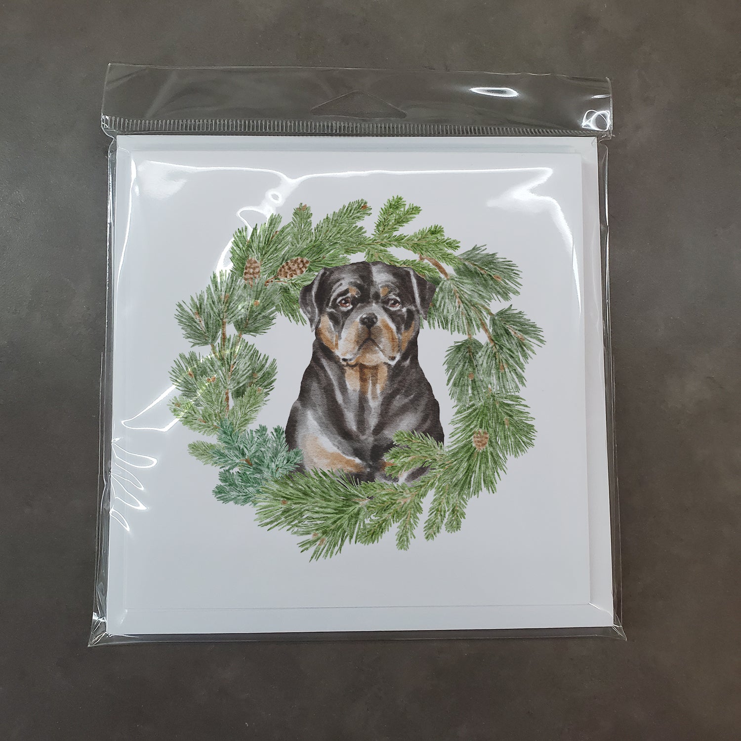 Rottweiler Sitting Tall with Christmas Wreath Square Greeting Cards and Envelopes Pack of 8 - the-store.com
