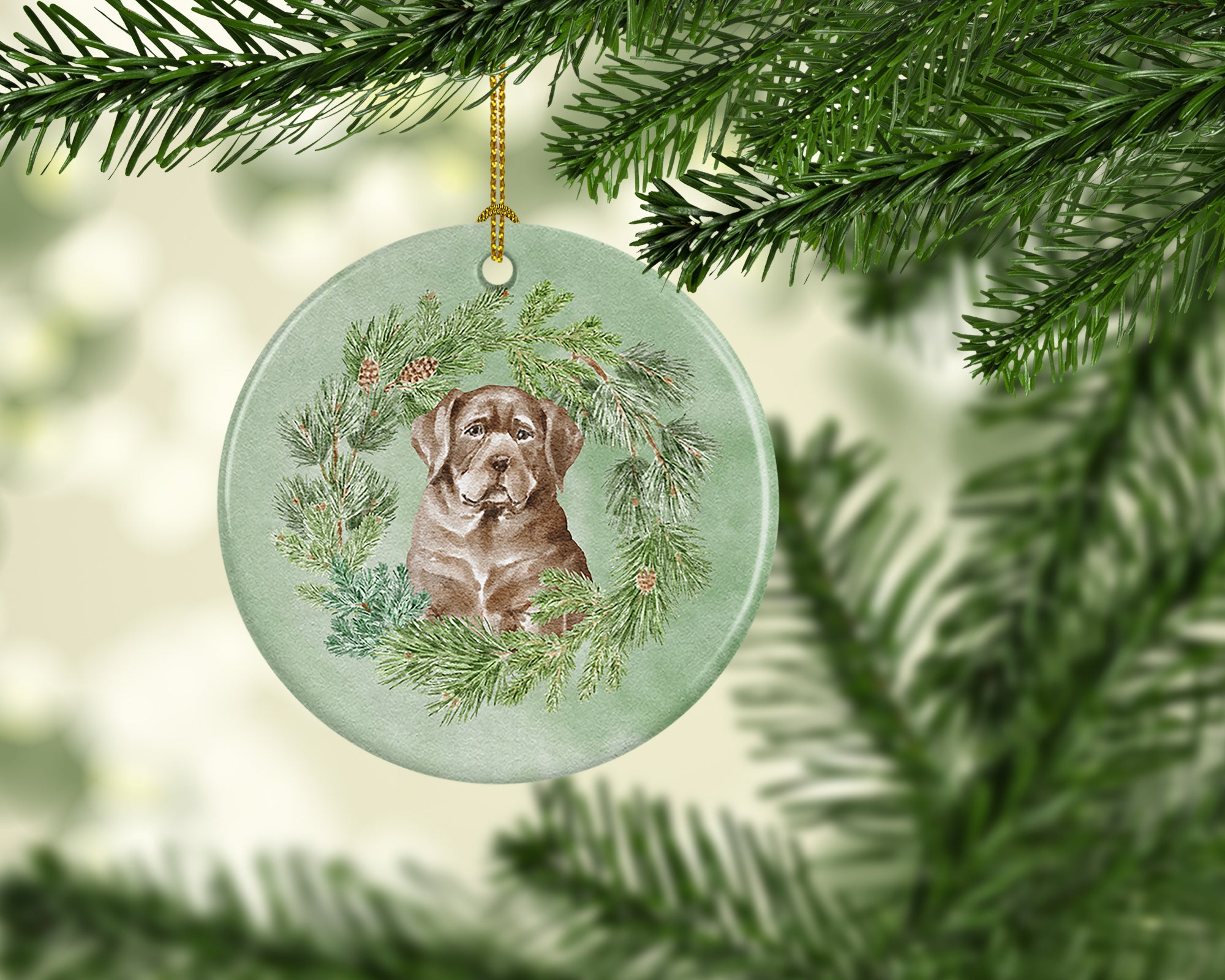 Labrador Retriever Puppy Chocolate Christmas Wreath Ceramic Ornament - the-store.com