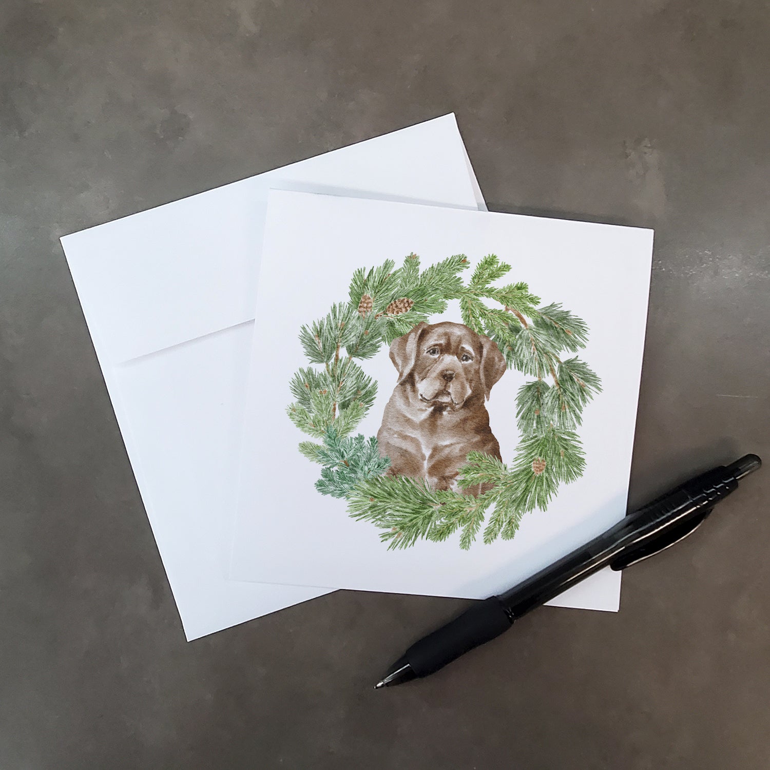 Buy this Labrador Retriever Puppy Chocolate with Christmas Wreath Square Greeting Cards and Envelopes Pack of 8