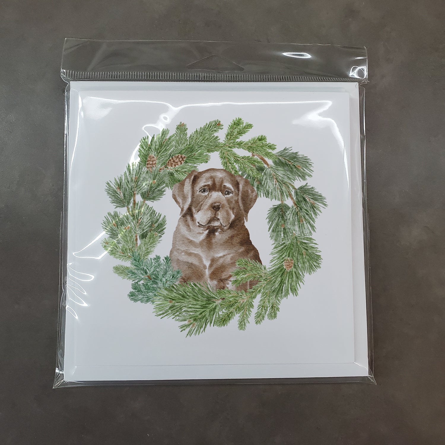 Labrador Retriever Puppy Chocolate with Christmas Wreath Square Greeting Cards and Envelopes Pack of 8 - the-store.com