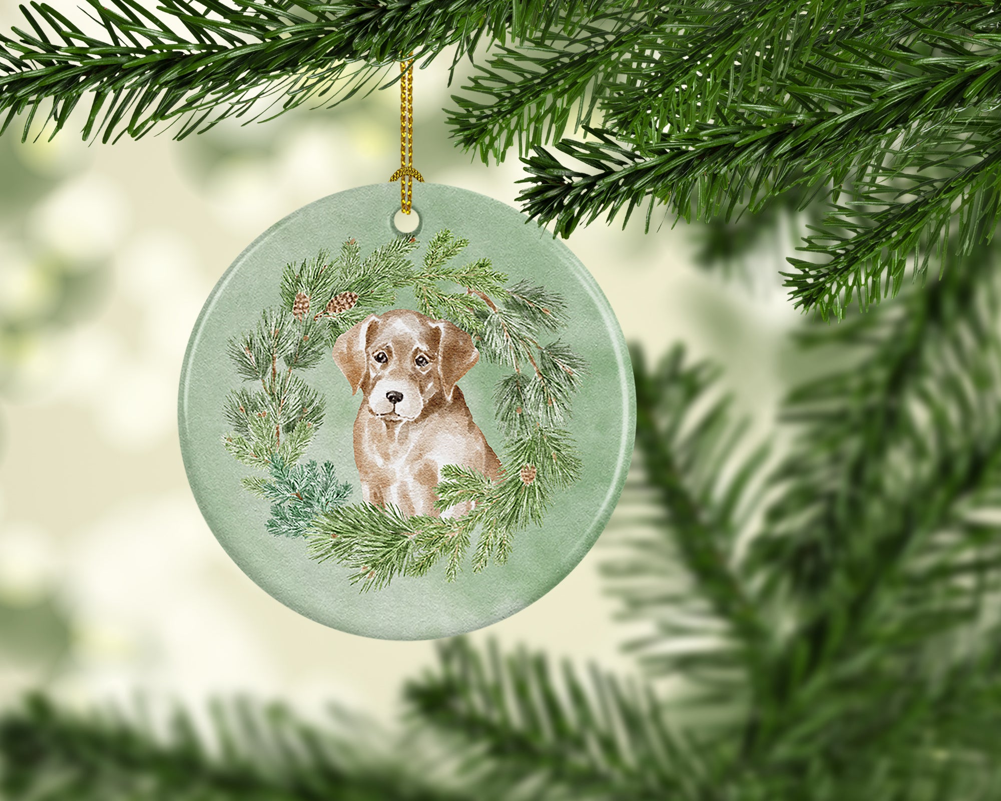 Labrador Retriever Puppy Yellow  Christmas Wreath Ceramic Ornament - the-store.com