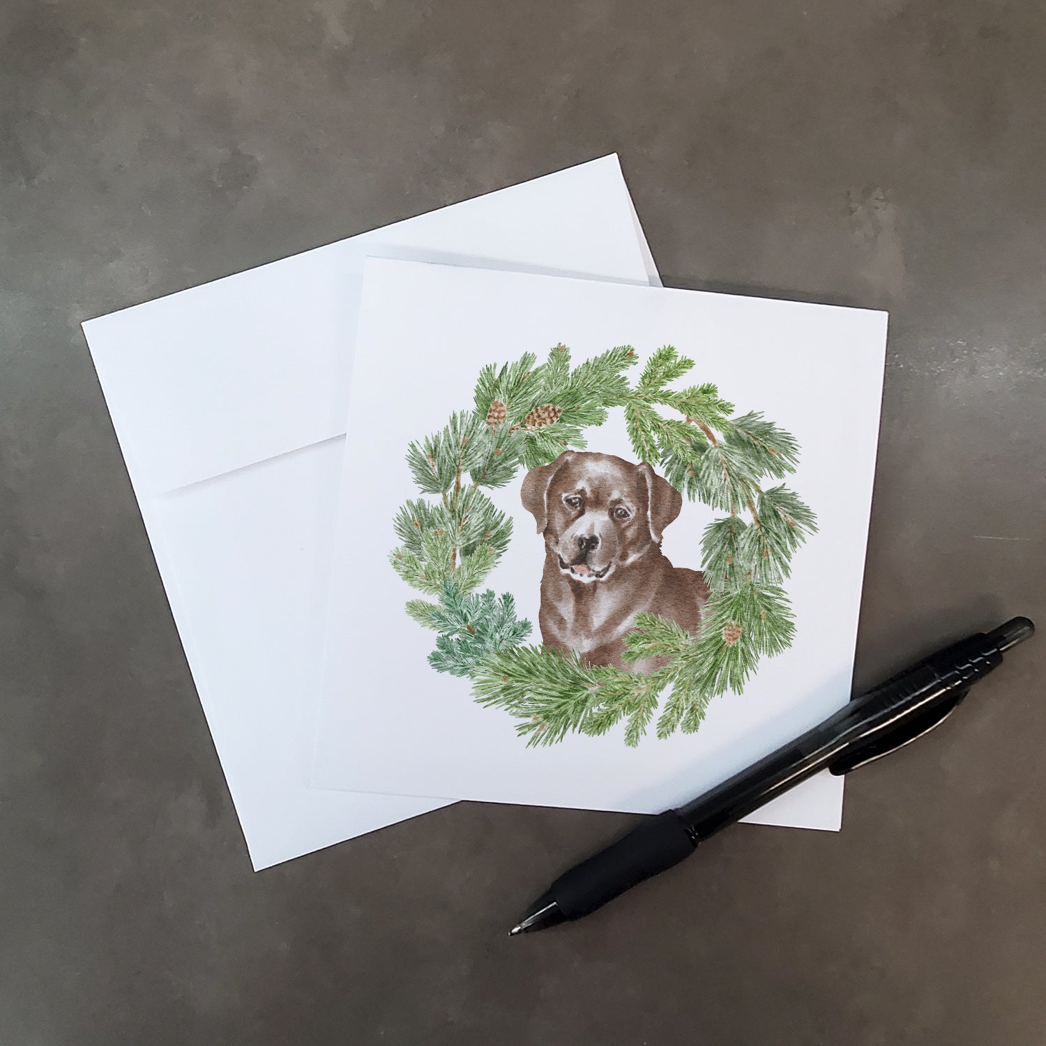 Labrador Retriever Chocolate with Christmas Wreath Square Greeting Cards and Envelopes Pack of 8 - the-store.com