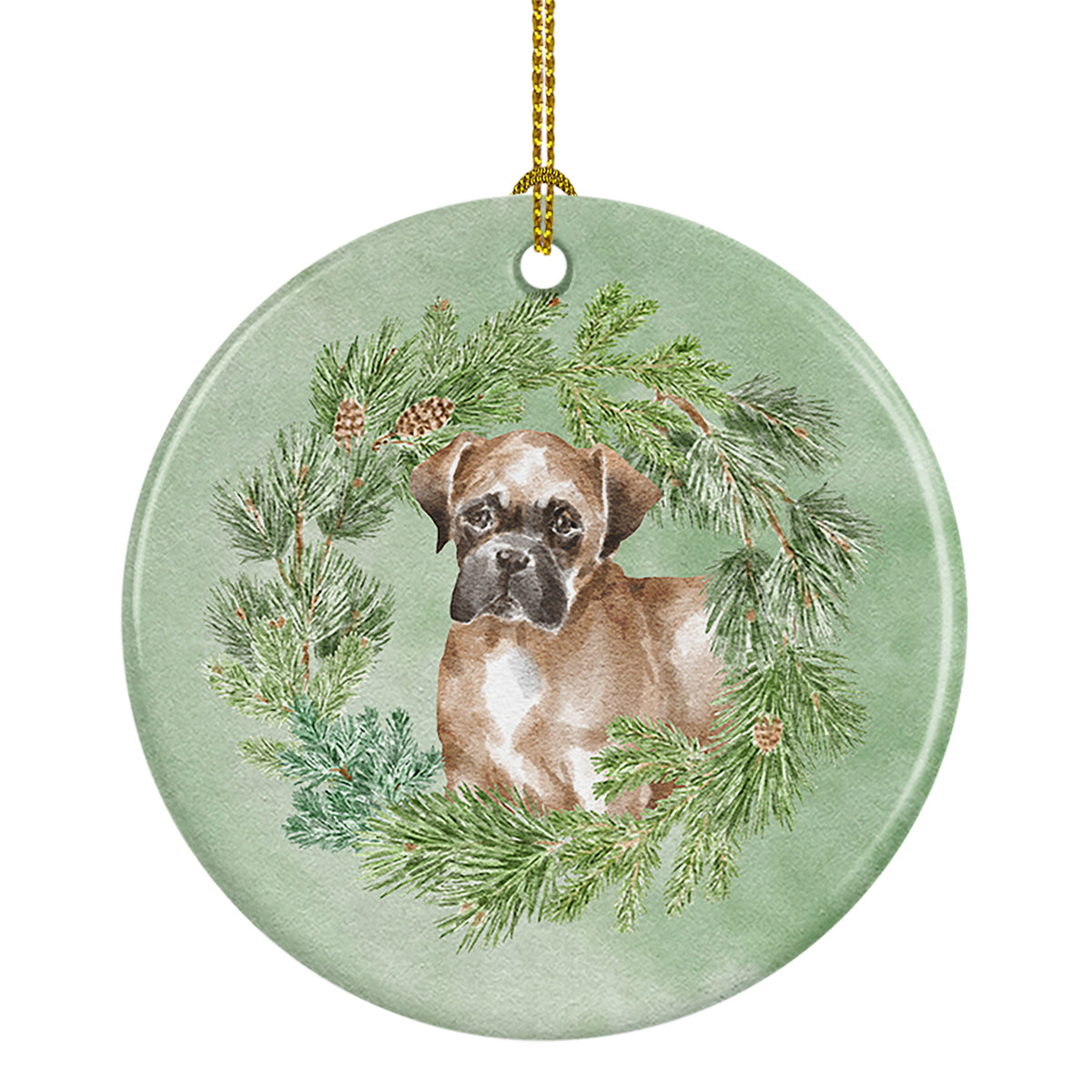 Buy this Boxer Puppy Fawn Christmas Wreath Ceramic Ornament
