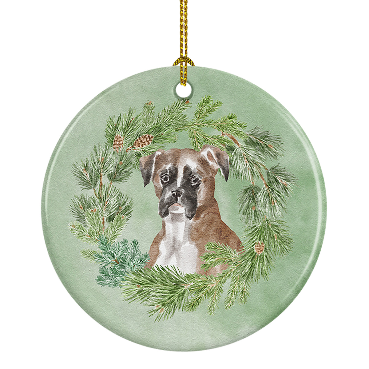 Buy this Boxer Fawn Christmas Wreath Ceramic Ornament