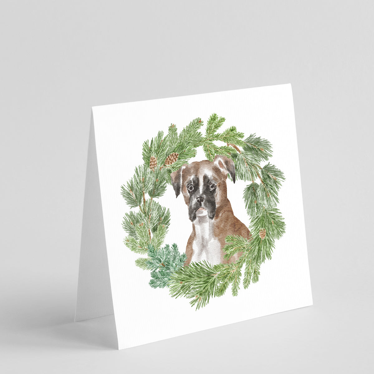 Buy this Boxer Fawn with Christmas Wreath Square Greeting Cards and Envelopes Pack of 8