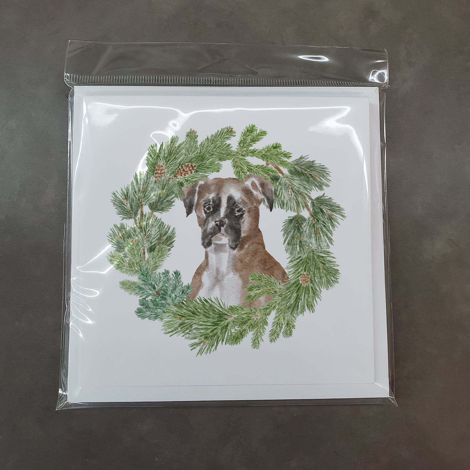 Boxer Fawn with Christmas Wreath Square Greeting Cards and Envelopes Pack of 8 - the-store.com