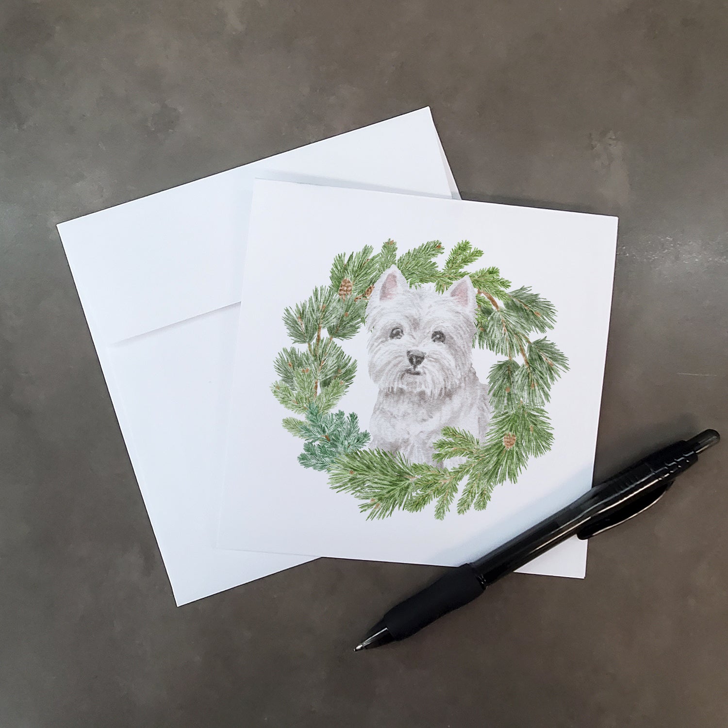 West Highland White Terrier Sitting Pretty with Christmas Wreath Square Greeting Cards and Envelopes Pack of 8 - the-store.com