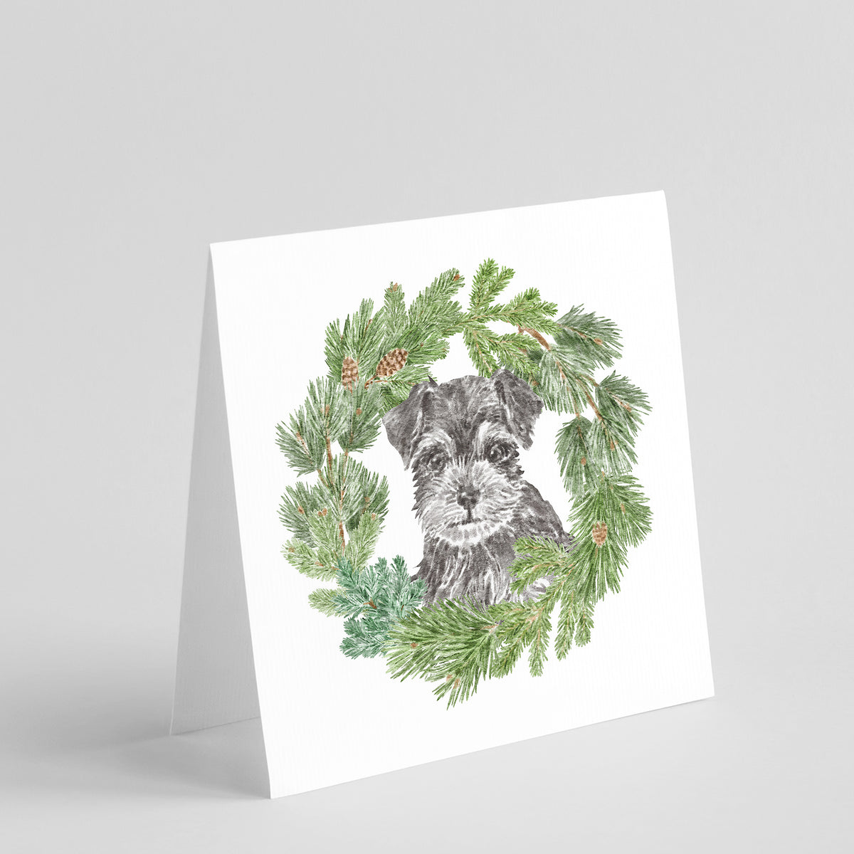 Buy this Schnauzer Puppy Black and Silver with Christmas Wreath Square Greeting Cards and Envelopes Pack of 8