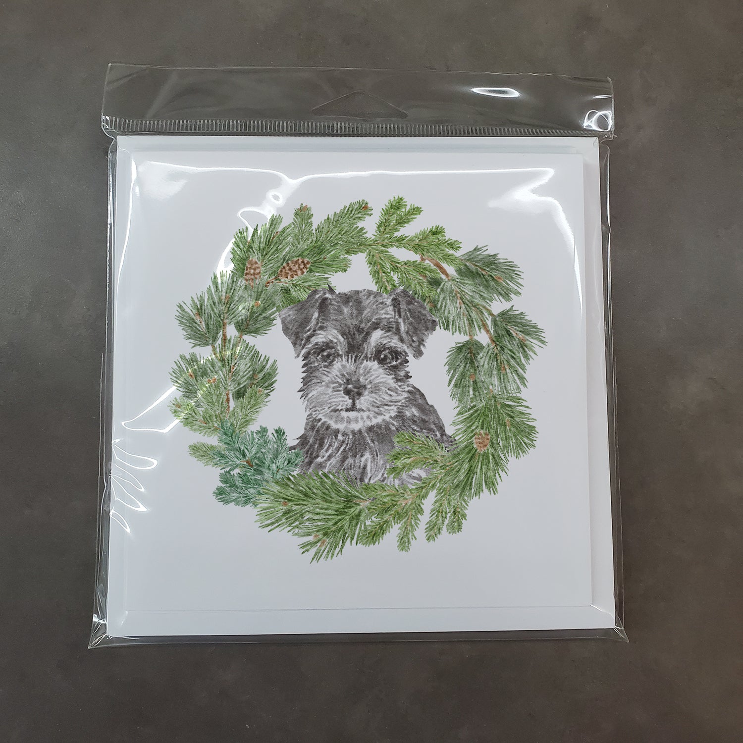Schnauzer Puppy Black and Silver with Christmas Wreath Square Greeting Cards and Envelopes Pack of 8 - the-store.com