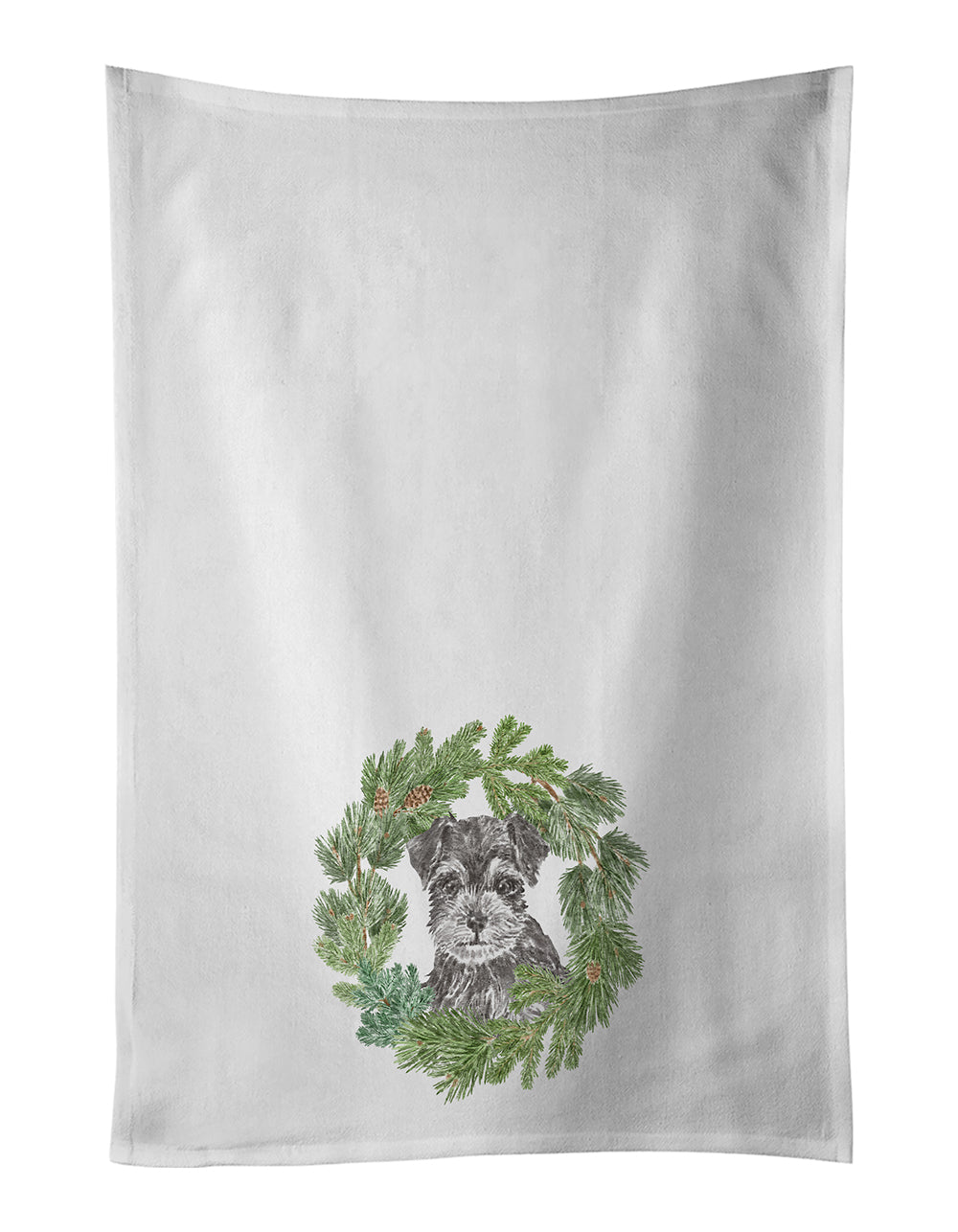 Buy this Schnauzer Puppy Black and Silver Christmas Wreath White Kitchen Towel Set of 2