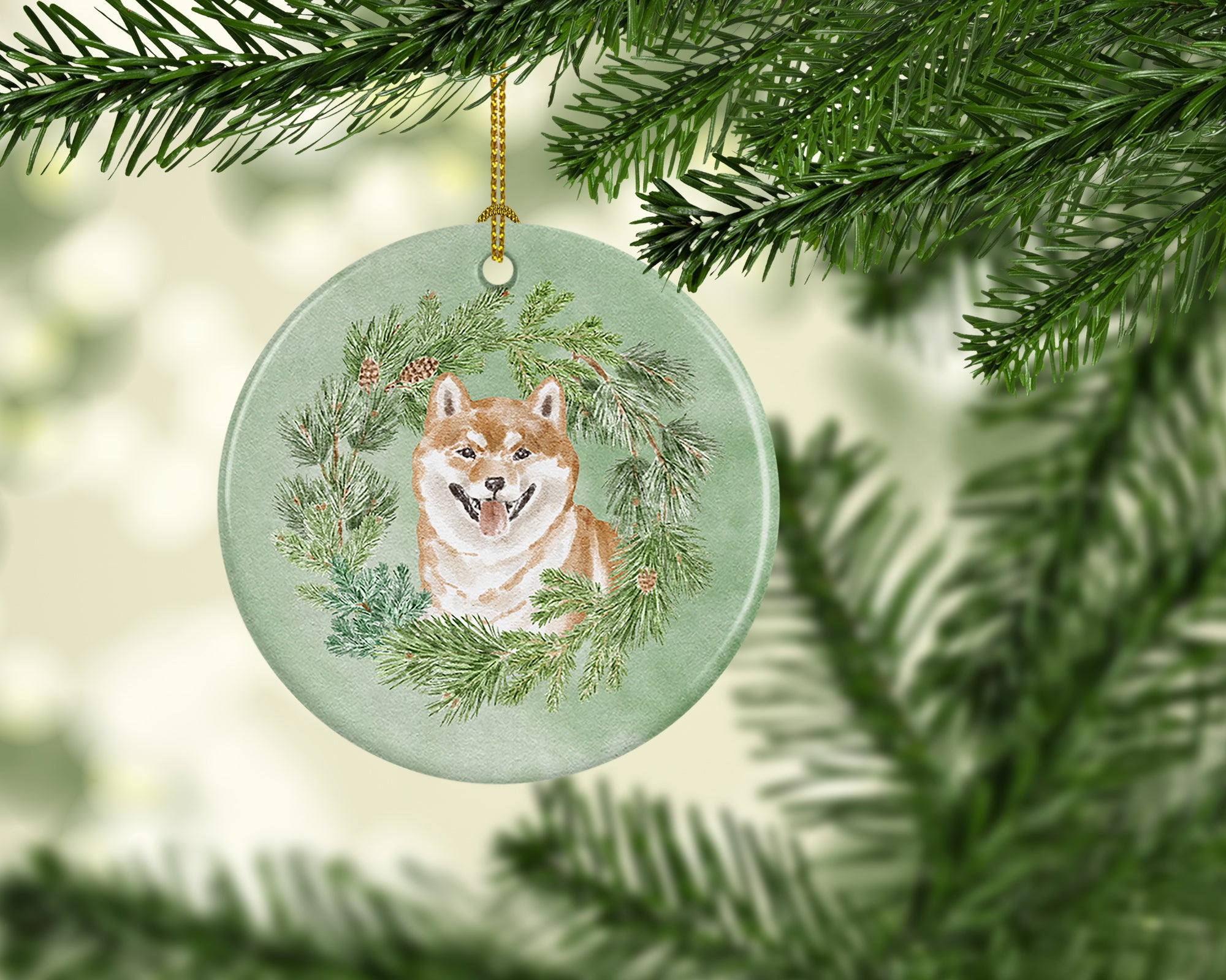Shiba Inu Smiling Christmas Wreath Ceramic Ornament - the-store.com