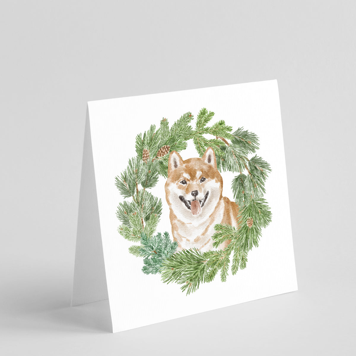 Buy this Shiba Inu Smiling with Christmas Wreath Square Greeting Cards and Envelopes Pack of 8
