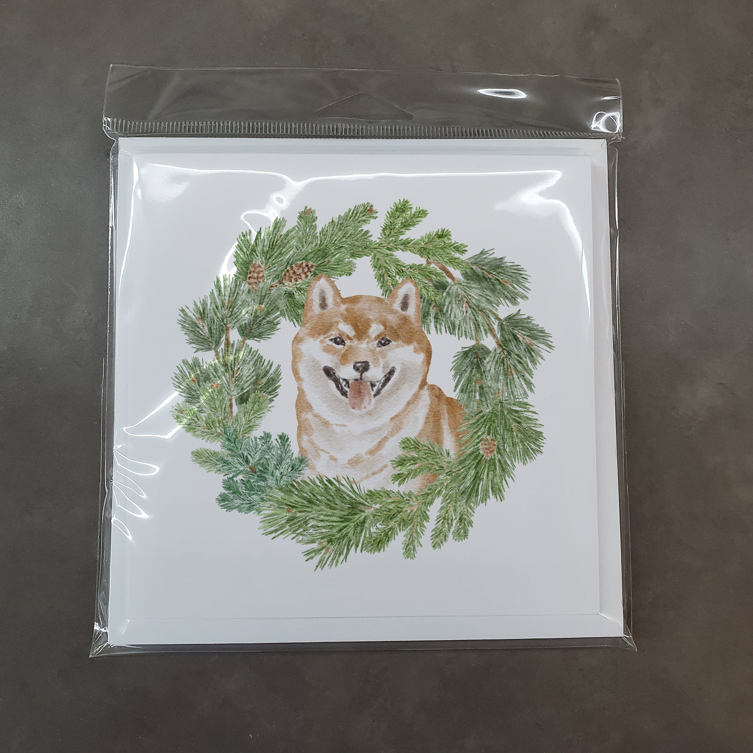Shiba Inu Smiling with Christmas Wreath Square Greeting Cards and Envelopes Pack of 8 - the-store.com