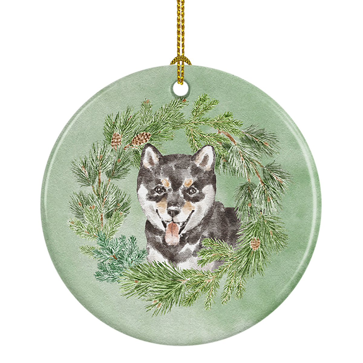 Buy this Shiba Inu Puppy Black Sesame Christmas Wreath Ceramic Ornament