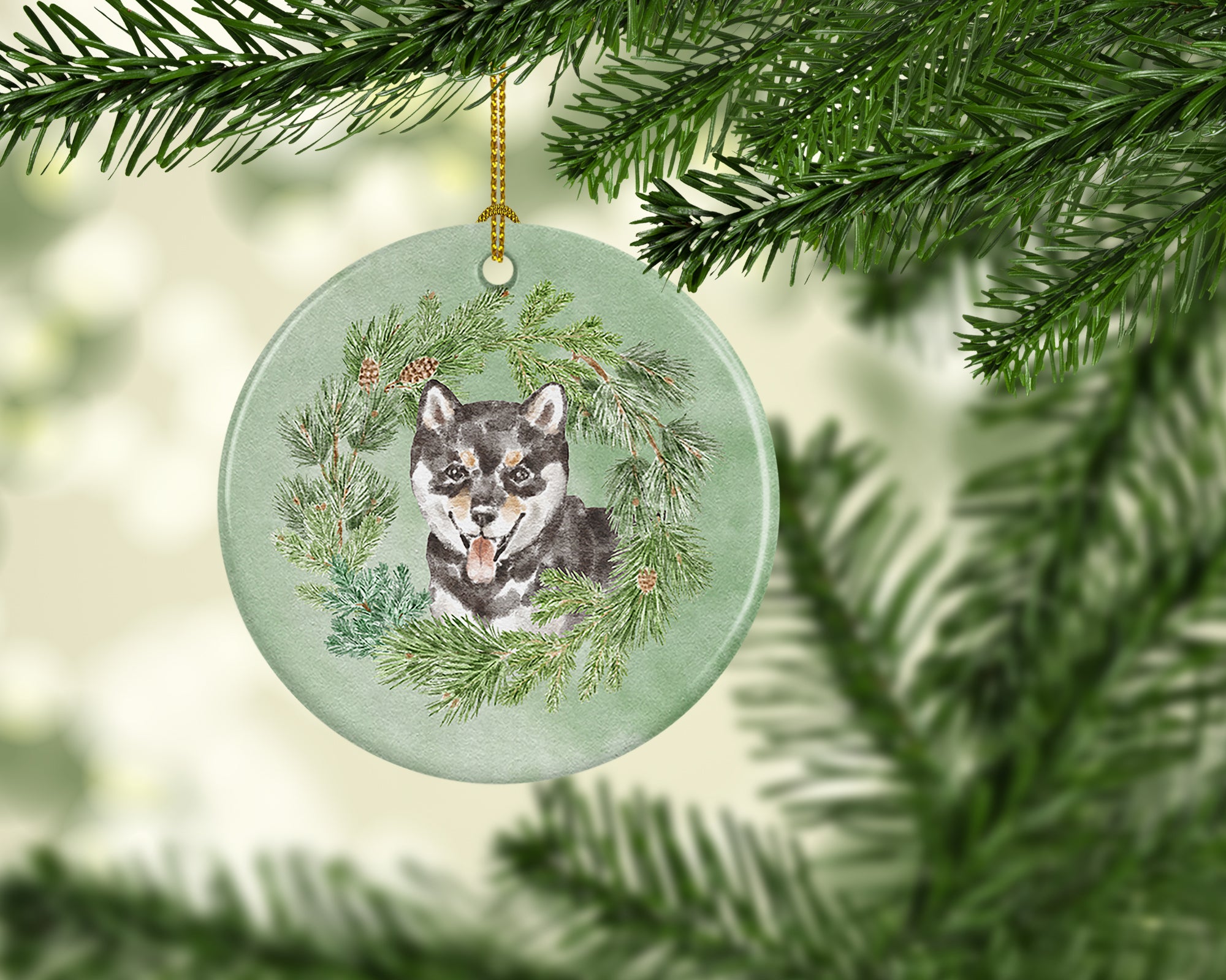 Buy this Shiba Inu Puppy Black Sesame Christmas Wreath Ceramic Ornament