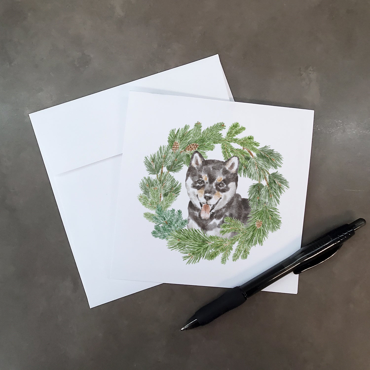 Shiba Inu Puppy Black Sesame with Christmas Wreath Square Greeting Cards and Envelopes Pack of 8 - the-store.com
