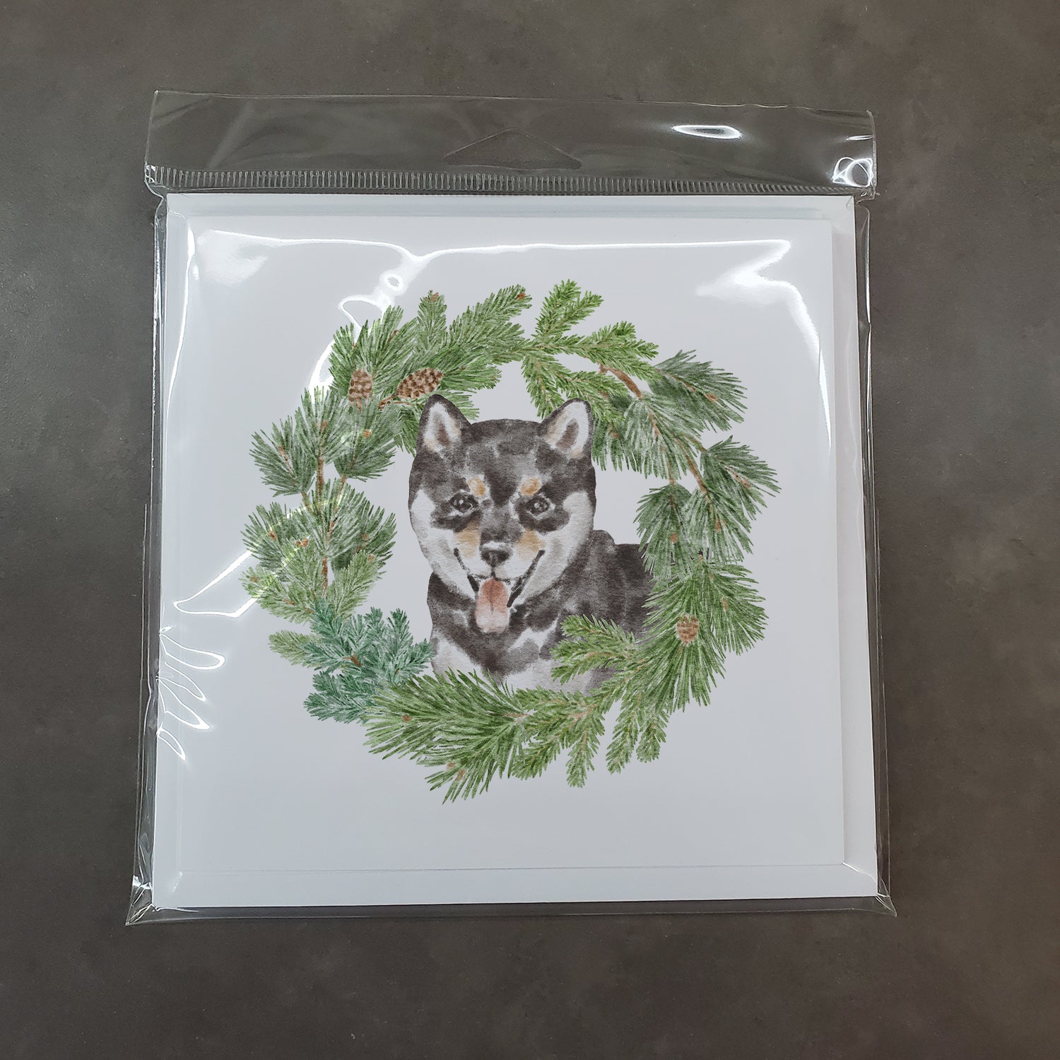 Shiba Inu Puppy Black Sesame with Christmas Wreath Square Greeting Cards and Envelopes Pack of 8 - the-store.com