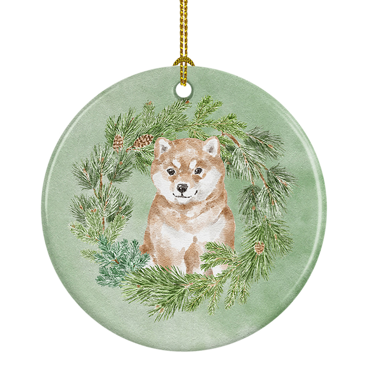 Buy this Shiba Inu Puppy Sitting Pretty Christmas Wreath Ceramic Ornament