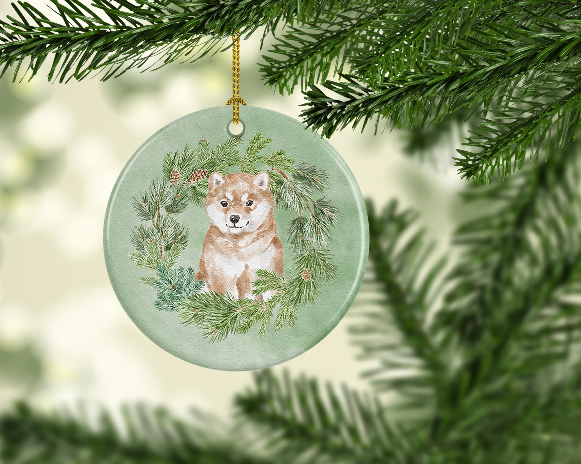 Shiba Inu Puppy Sitting Pretty Christmas Wreath Ceramic Ornament - the-store.com