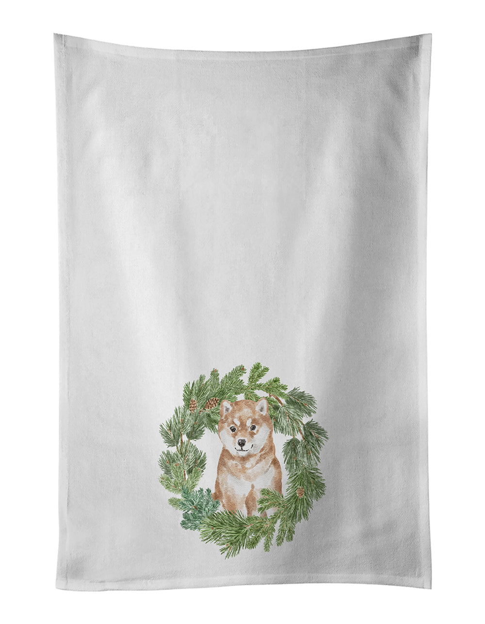Buy this Shiba Inu Puppy Sitting Pretty Christmas Wreath White Kitchen Towel Set of 2