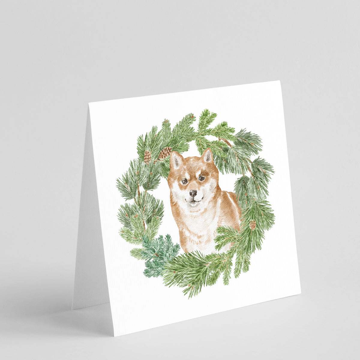 Buy this Shiba Inu Sitting Pretty with Christmas Wreath Square Greeting Cards and Envelopes Pack of 8