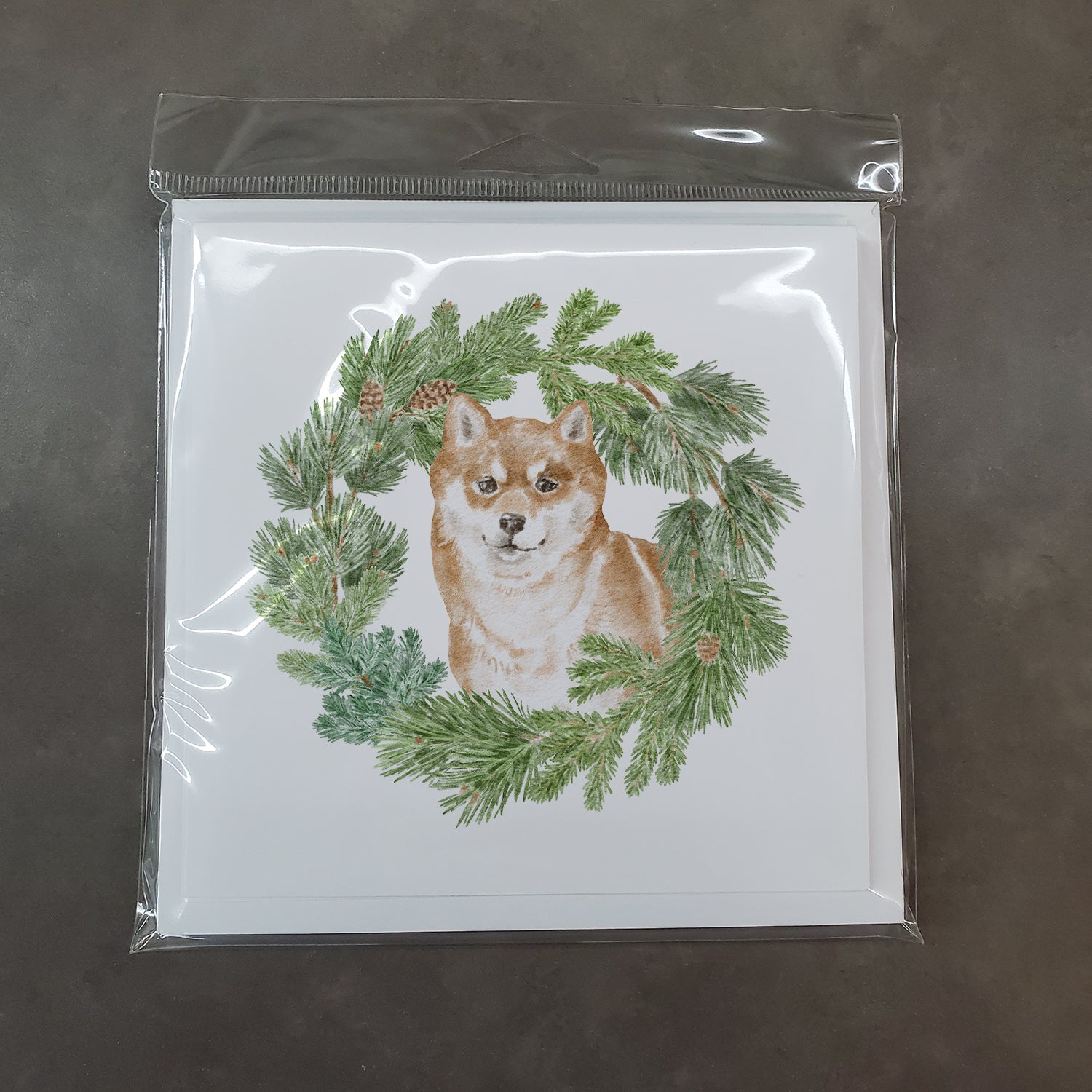 Shiba Inu Sitting Pretty with Christmas Wreath Square Greeting Cards and Envelopes Pack of 8 - the-store.com