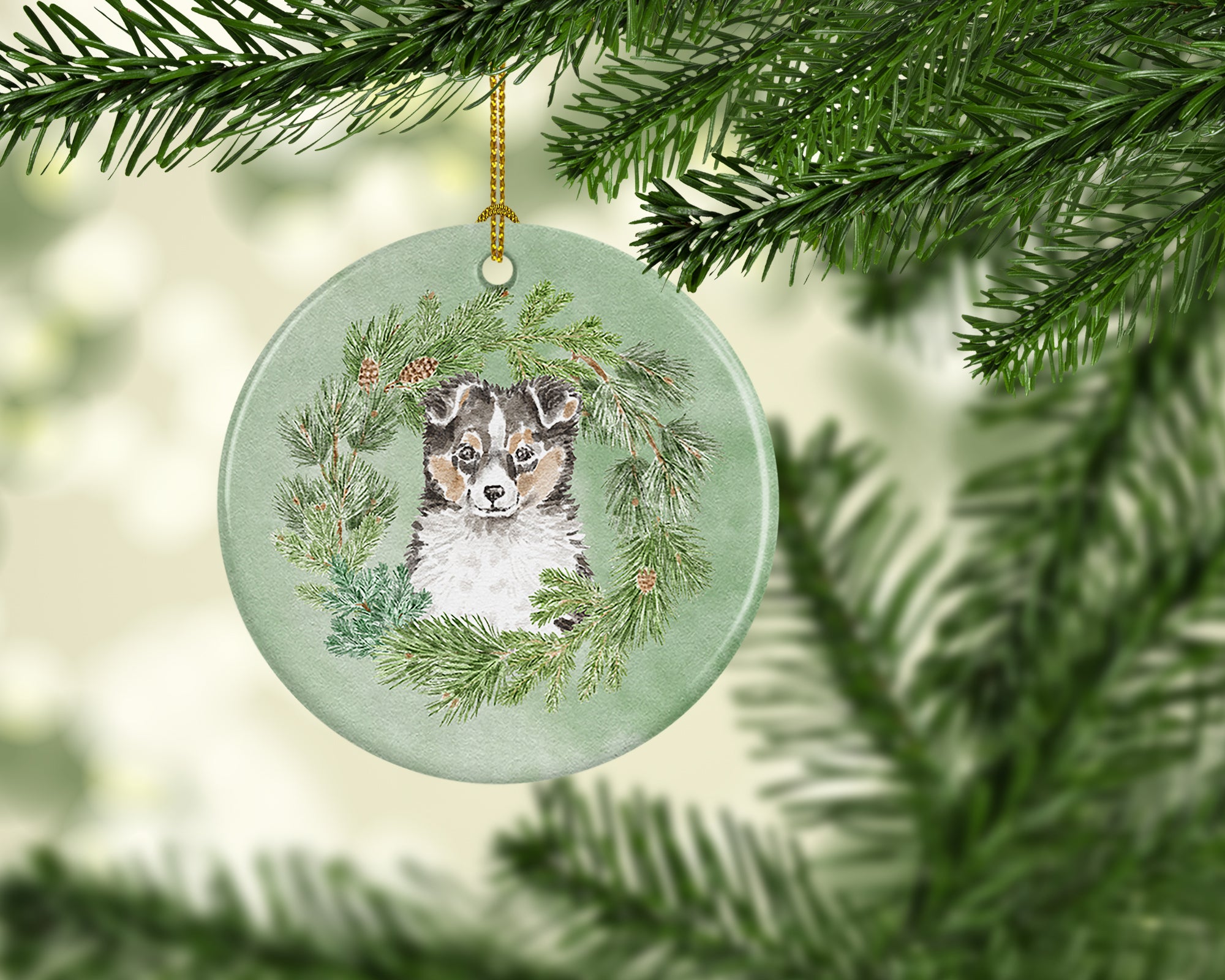 Sheltie/Shetland Sheepdog Puppy Tricolor  Christmas Wreath Ceramic Ornament - the-store.com