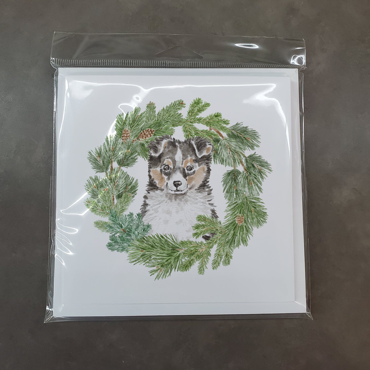 Sheltie/Shetland Sheepdog Puppy Tricolor with Christmas Wreath Square Greeting Cards and Envelopes Pack of 8 - the-store.com