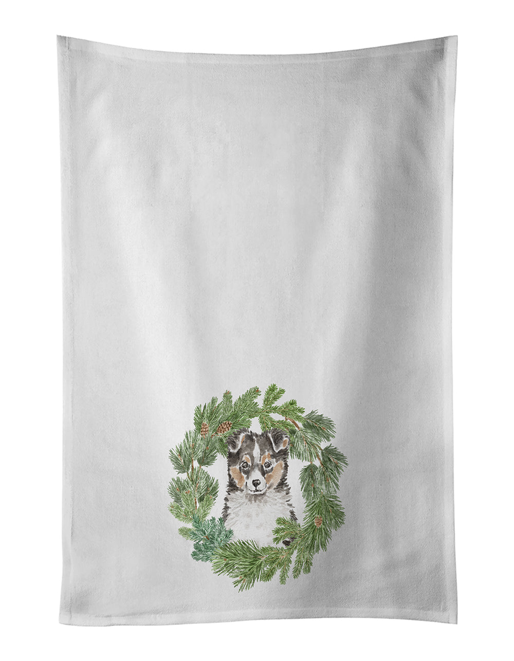Buy this Sheltie/Shetland Sheepdog Puppy Tricolor  Christmas Wreath White Kitchen Towel Set of 2