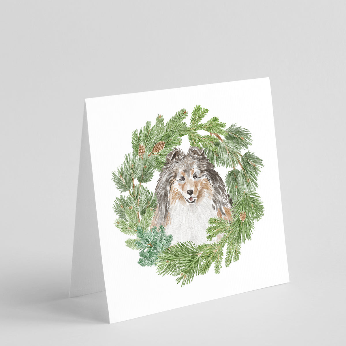 Buy this Sheltie/Shetland Sheepdog Tricolor Smiling #1 with Christmas Wreath Square Greeting Cards and Envelopes Pack of 8