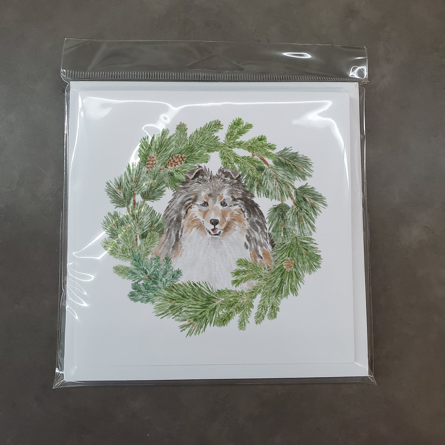 Sheltie/Shetland Sheepdog Tricolor Smiling #1 with Christmas Wreath Square Greeting Cards and Envelopes Pack of 8 - the-store.com