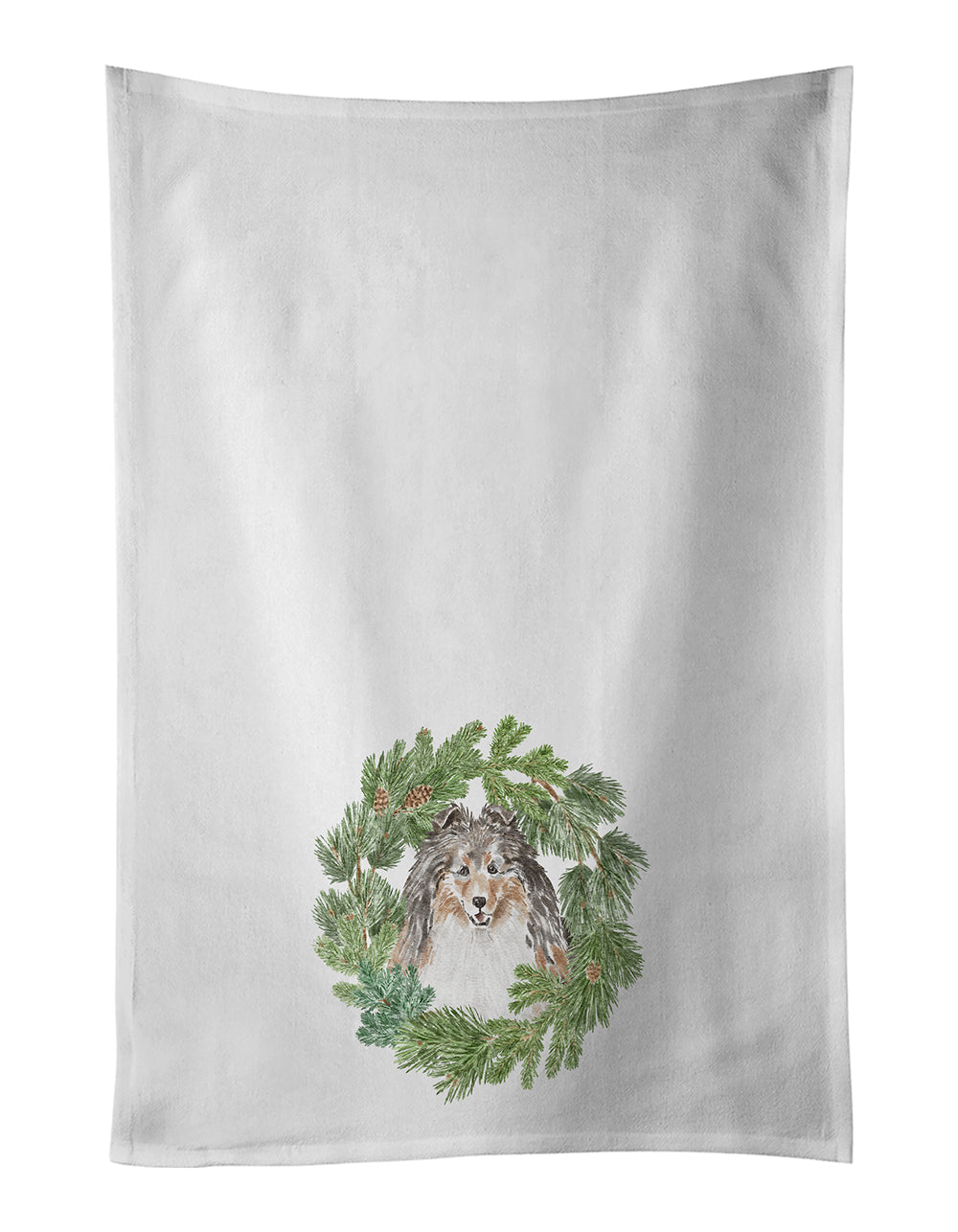 Buy this Sheltie/Shetland Sheepdog Tricolor Smiling #1 Christmas Wreath White Kitchen Towel Set of 2