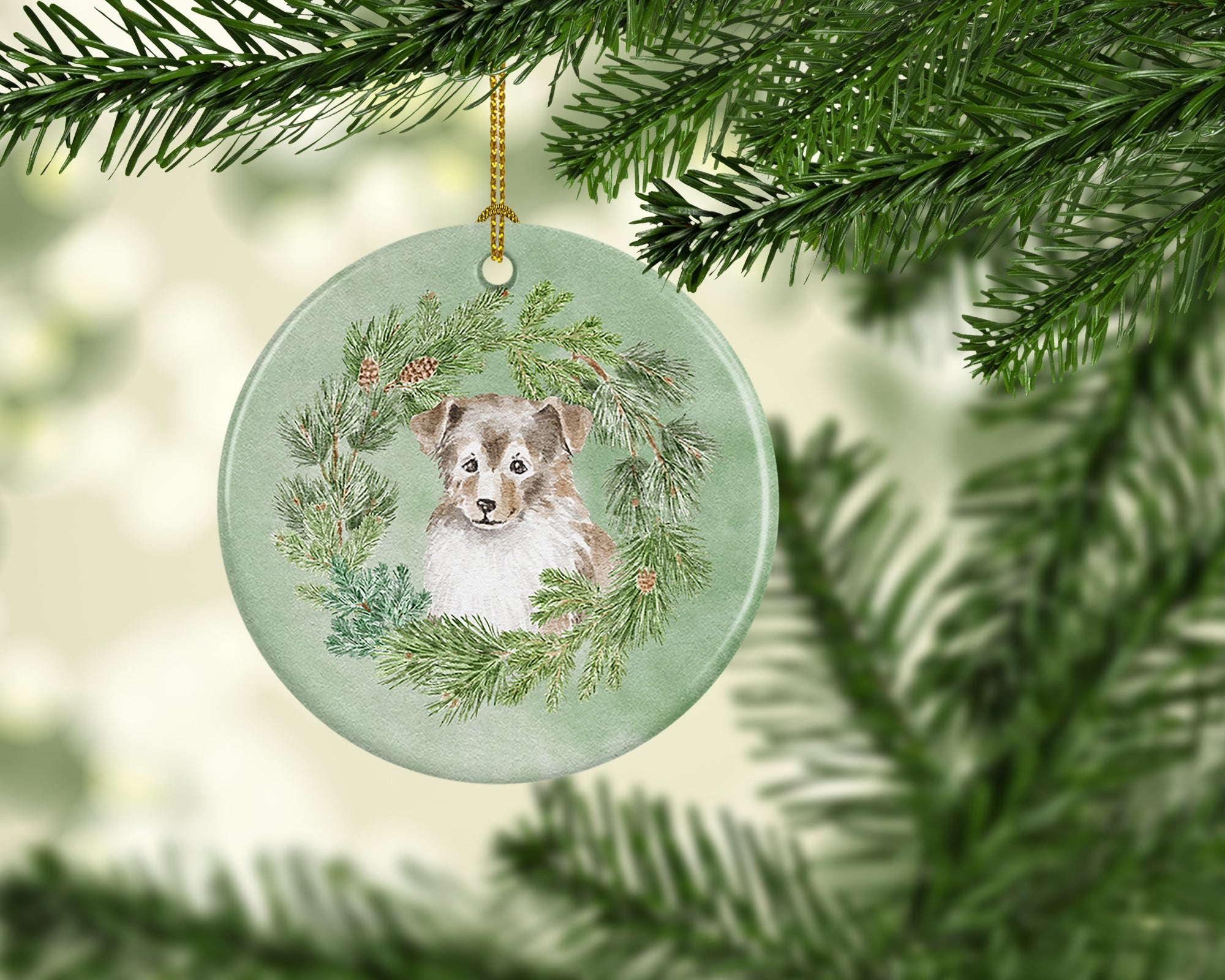 Sheltie/Shetland Sheepdog Puppy Sable Smile Christmas Wreath Ceramic Ornament - the-store.com