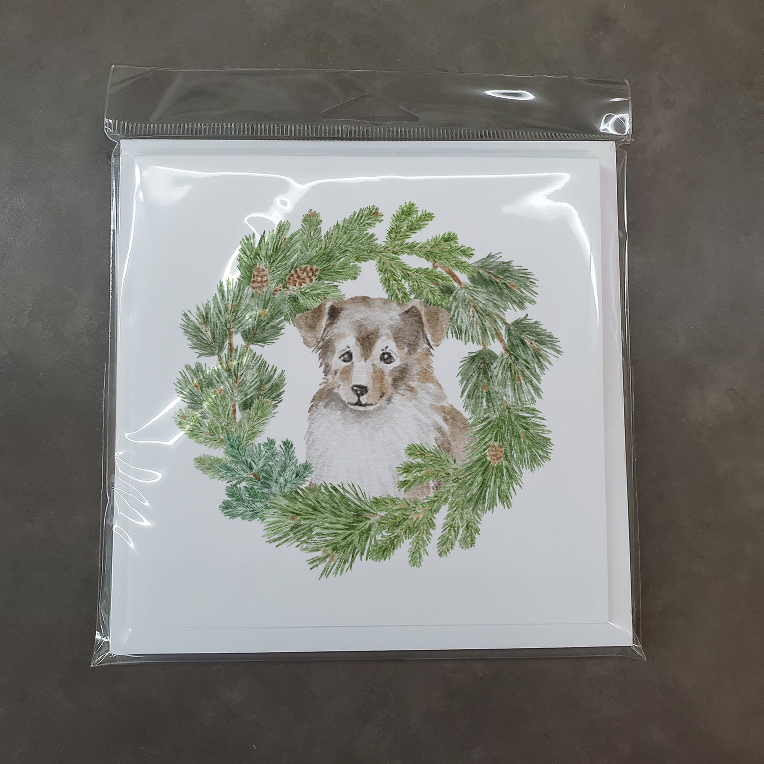Sheltie/Shetland Sheepdog Puppy Sable Smile with Christmas Wreath Square Greeting Cards and Envelopes Pack of 8 - the-store.com