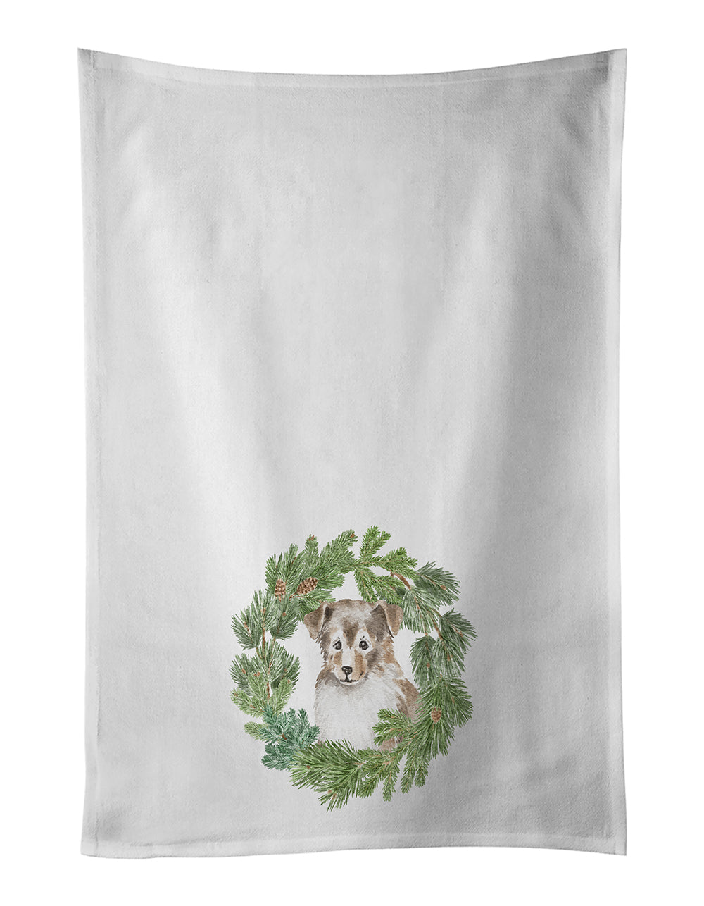 Buy this Sheltie/Shetland Sheepdog Puppy Sable Smile Christmas Wreath White Kitchen Towel Set of 2